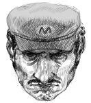  1boy commentary english_commentary facial_hair frown grandguerrilla greyscale hat looking_at_viewer male_focus mario mario_(series) monochrome mustache realistic shaded_face simple_background solo white_background 