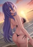  1boy 1girl ass bangs beach bikini black_bikini breasts choujigen_game_neptune cowboy_shot hair_between_eyes highres holding_another&#039;s_wrist iris_heart kurisu-kun large_breasts long_hair looking_at_viewer neptune_(series) ocean open_mouth out_of_frame pov pov_hands purple_hair red_eyes side-tie_bikini sky smile solo_focus sunset swimsuit symbol-shaped_pupils water 