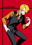  1boy between_fingers blonde_hair cigarette commentary_request facial_hair hair_over_one_eye highres long_sleeves male_focus one_piece red_background sanji short_hair simple_background smile sorase_(srsrs_000) teeth 