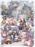  1girl aipom akari_(pokemon) bidoof black_hair black_shirt blush bucket buneary chingling closed_eyes commentary_request day fazibunnoe gible grey_jacket grey_skirt happiny head_scarf highres hisuian_zorua holding holding_pokemon jacket leggings lickitung long_hair machop munchlax onsen outdoors pokemon pokemon_(creature) pokemon_(game) pokemon_legends:_arceus riolu rufflet shirt sidelocks sitting skirt smile snorunt snow snowing swinub tree white_headwear 