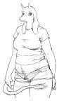  anthro body_hair bottomwear bovid breasts caprine clothing felid female goat happy_trail holding_tail horn lion long_tail mammal mature_anthro md34 navel overweight overweight_anthro overweight_female pantherine red_eyes sagging_breasts shirt shorts solo t-shirt tail_tuft thick_thighs topwear toriel tuft undertale_(series) wrinkles 