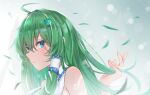  1girl absurdres bangs bare_shoulders blue_eyes blurry blurry_foreground breasts eyebrows_visible_through_hair frog_hair_ornament from_side gradient gradient_background green_hair hair_ornament hair_tubes hand_in_hair highres kochiya_sanae long_hair looking_at_viewer open_mouth snake_hair_ornament solo touhou upper_body yuzi_(32745637280) 
