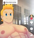  1boy bara blonde_hair blue_eyes boku_no_hero_academia cover_them_up_slut_(meme) large_pectorals looking_at_viewer male_focus meme muscular muscular_male nipples nude overhaul_(boku_no_hero_academia) pectoral_focus pectorals seductive_smile serperoir shiny shiny_skin short_hair sideburns smile solo spiked_hair tiktok togata_mirio upper_body 