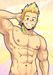  1boy :d abs arm_behind_head bara blonde_hair blue_eyes blush boku_no_hero_academia completely_nude grin highres kir_(kir_keropi) looking_at_viewer male_focus muscular muscular_male navel nipples nude pectorals scar scar_on_arm short_hair sideburns smile solo sparkle spiked_hair stomach togata_mirio 