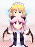  2girls bangs black_horns black_skirt black_vest blonde_hair blunt_bangs character_request demon_wings eyebrows_visible_through_hair fairy_wings highres horns juliet_sleeves long_sleeves maid_headdress multiple_girls open_clothes open_vest pink_hair pink_wings pointy_ears puffy_sleeves purple_eyes sakuragi_rian short_hair sidelocks skirt small_horns smile touhou touhou_(pc-98) vest white_wings wings yellow_eyes 