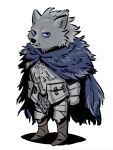  1boy armor blaidd_the_half-wolf blue_cape boots breastplate brown_footwear cape chibi colored_sclera elden_ring full_body furry furry_male gauntlets looking_at_viewer male_focus purple_sclera rem_(artist) signature simple_background solo white_background 