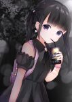  1girl absurdres backpack bag bandaged_arm bandages bangs bendy_straw black_bow black_dress black_hair black_nails bow can collared_dress commentary_request dress drinking_straw eyebrows_visible_through_hair glint hair_bow highres holding holding_can inahori long_sleeves looking_at_viewer nail_polish original parted_lips puffy_long_sleeves puffy_sleeves purple_eyes solo strong_zero tree twintails 