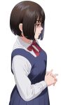  1girl artist_name black_hair blue_eyes bob_cut bow cowboy_shot dress from_side interlocked_fingers mattaku_mousuke original pinafore_dress profile ribbon school_uniform shaded_face short_hair solo watermark white_background 