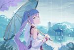  1girl 809218622 a-soul absurdres architecture ava_(a-soul) bangs blue_eyes detached_sleeves dress east_asian_architecture from_side hair_ribbon highres holding holding_umbrella lake long_hair looking_afar purple_hair rain ribbon ripples solo tree twintails umbrella upper_body white_dress 