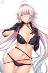  1girl ahoge bikini black_bikini black_choker black_gloves black_jacket breasts choker collarbone cropped_jacket fate/grand_order fate_(series) gloves highres jacket jeanne_d&#039;arc_alter_(fate) jeanne_d&#039;arc_alter_(swimsuit_berserker)_(fate) large_breasts long_hair navel o-ring o-ring_bikini o-ring_bottom o-ring_top shrug_(clothing) silver_hair solo swimsuit tokito_yu very_long_hair yellow_eyes 