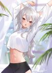  1girl animal_ear_fluff animal_ears arms_up bike_shorts cat_ears cat_girl eyebrows_visible_through_hair hair_between_eyes highres long_hair long_sleeves looking_at_viewer midriff navel nima_(niru54) open_mouth original red_eyes shiny shiny_hair shirt signature silver_hair solo white_shirt 