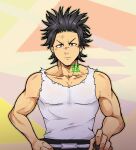  1boy bare_arms black_clover black_hair frown highres kir_(kir_keropi) looking_at_viewer male_focus pectorals scar scar_on_face scar_on_nose short_hair solo spiked_hair tank_top toned toned_male white_tank_top yami_sukehiro younger 