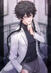  1boy absurdres black_hair blue_period blurry blurry_background blush braid grey_pants hand_on_own_chin hand_up hashida_haruka highres huwarinn99 indoors jacket long_hair male_focus pants purple_eyes ribbed_shirt shirt solo standing sweatdrop twin_braids very_long_hair white_jacket 