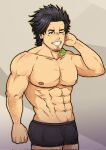  1boy abs arm_hair arm_up bara black_clover black_hair black_male_underwear blush boxer_briefs bulge facial_hair feet_out_of_frame goatee highres kir_(kir_keropi) large_pectorals long_sideburns looking_at_viewer male_focus male_underwear mature_male muscular muscular_male navel navel_hair nipples one_eye_closed pectorals short_hair sideburns solo spiked_hair standing stomach topless_male underwear underwear_only yami_sukehiro 