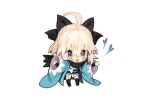  1girl ahoge bangs black_bow black_scarf blonde_hair blue_heart blush bow chibi chinese_commentary commentary_request fate/grand_order fate/type_redline fate_(series) full_body hair_bow hands_up heart japanese_clothes kimono koha-ace looking_at_viewer mandrill okita_souji_(fate) okita_souji_(koha-ace) open_mouth scarf short_hair simple_background smile solo thighhighs white_background yellow_eyes 