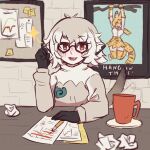  2girls bow bowtie brown_eyes cup desk english_commentary glasses grading graph grey_hair grey_sweater highres japari_symbol kemono_friends kemono_friends_3 looking_at_viewer meerkat_(kemono_friends) meerkat_ears meerkat_tail mug multiple_girls papers pencil print_bow print_bowtie serval_(kemono_friends) serval_print smile striped_tail sweater tail tail_wagging tateoftot tired two-tone_bowtie white_bow white_bowtie 