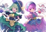  4girls black_headwear blouse blue_blouse collared_blouse eyeball frilled_shirt_collar frilled_skirt frilled_sleeves frills green_eyes green_hair green_skirt hairband hat hat_ribbon heart highres kaenbyou_rin kiramarukou komeiji_koishi komeiji_satori long_sleeves multiple_girls pink_hair pink_skirt purple_hair reiuji_utsuho ribbon short_hair siblings sisters skirt third_eye touhou wavy_hair wide_sleeves yellow_blouse 