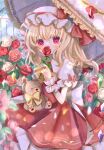  1girl animal_ears ascot back_bow bangs bear_ears blonde_hair blue_flower blue_rose blue_sky blush bow bush cloud cloudy_sky collared_dress commentary_request covering_mouth crystal dark_skin dorowa_(drawerslove) dress eyebrows_visible_through_hair eyelashes eyes_visible_through_hair flandre_scarlet flower frills garden hair_between_eyes hand_up hat hat_ornament hat_ribbon heart heart_in_eye highres holding holding_umbrella jewelry leaf light looking_at_viewer mob_cap multicolored_eyes multicolored_wings one_side_up pink_eyes pink_flower pink_rose puffy_short_sleeves puffy_sleeves purple_flower purple_rose red_bow red_dress red_flower red_ribbon red_rose ribbon rose shadow shirt short_hair short_sleeves sitting sky solo sparkle star_(symbol) stuffed_animal stuffed_toy sunlight symbol_in_eye teddy_bear touhou umbrella white_bow white_flower white_headwear white_rose white_shirt wings wrist_cuffs yellow_ascot yellow_bow 