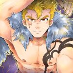  1boy abs arm_up bara blonde_hair chest_tattoo facial_mark fairy_tail fur_trim hair_strand highres kir_(kir_keropi) laxus_dreyar light_blush long_sideburns looking_at_viewer male_focus muscular muscular_male nipples pectorals short_hair sideburns smile solo spiked_hair stomach tattoo thick_eyebrows upper_body 