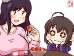  2girls :3 ahoge alternate_costume artist_logo black_hair blue_eyes blue_hoodie bowl braid breasts collarbone commentary_request condensed_milk dated food fruit hair_ornament hair_over_shoulder hood hood_down hoodie kanon_(kurogane_knights) kantai_collection large_breasts light_blush long_sleeves multiple_girls one-hour_drawing_challenge open_mouth pink_shirt red_eyes shigure_(kancolle) shirt short_hair simple_background single_braid smile strawberry table white_background yamashiro_(kancolle) younger 