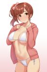  1girl bikini bow breasts brown_eyes brown_hair closed_mouth commentary_request eyebrows_visible_through_hair gradient gradient_background hair_bow highres idolmaster idolmaster_cinderella_girls igarashi_kyoko jacket looking_at_viewer medium_breasts open_clothes open_jacket pink_background pink_bow red_jacket short_hair side-tie_bikini side_ponytail smile solo swimsuit thighs tomajiyama white_bikini 