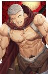  1boy abs bandaid bandaid_on_cheek bandaid_on_face bara brown_pants cape facial_hair goatee highres large_pectorals looking_at_viewer male_focus male_pubic_hair muscular muscular_male navel nipples null_qq pants pectorals persona persona_3 pubic_hair red_cape sanada_akihiko scar scar_on_chest short_hair sideburns smile solo teeth topless_male white_hair yellow_eyes 