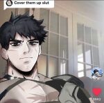  1boy alchemy_stars areolae bara black_hair cover_them_up_slut_(meme) frown highres inari_(inariura) large_pectorals looking_at_viewer male_focus meme muscular muscular_male pectoral_focus pectoral_squeeze pectorals pittman_(alchemy_stars) scar scar_on_cheek scar_on_chest scar_on_face short_hair solo tiktok upper_body 