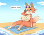  &lt;3 animal_crossing anthro audie_(animal_crossing) balloon beach big_breasts bikini blonde_hair blue_eyes blush breasts canid canine canis clothing english_text eyewear eyewear_on_head female gift hair hand_behind_head hi_res huge_breasts inflatable looking_at_viewer lotion_bottle mammal multicolored_body nintendo open_mouth sand seaside sitting solo speech_bubble startop sunglasses sunglasses_on_head swimwear text thick_thighs two_tone_body video_games water wolf 