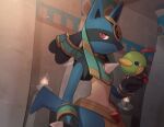  bird blurry closed_mouth commentary_request fire frown highres jewelry lucario natu pokemon pokemon_(creature) pokemon_(game) pokemon_unite red_eyes spikes twitter_username watermark yukifuri_tsuyu 