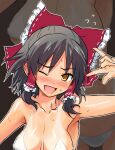  1girl :d \m/ areola_slip areolae armpits bangs bikini black_hair blush bow breasts cleavage commentary_request cookie_(touhou) covered_nipples eyebrows_visible_through_hair flying_sweatdrops frilled_bow frilled_hair_tubes frills hair_bow hair_tubes hakurei_reimu looking_at_viewer medium_breasts medium_hair nose_blush one_eye_closed open_mouth red_bow sananana_(cookie) smile solo sweat swimsuit touhou upper_body white_bikini yamabe_no_akahito yellow_eyes zoom_layer 