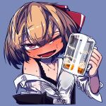  alcohol awa_(bihidasu) beer beer_mug black_bra blue_background blush bow bra cup drooling drunk full-face_blush hair_bow looking_at_viewer medium_hair mug open_mouth purple_eyes red_bow rumia shirt simple_background single_bare_shoulder squinting touhou underwear white_shirt 