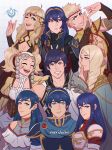  3boys 6+girls ahoge armor blonde_hair blue_eyes blue_hair breasts bustier cape chrom_(fire_emblem) circlet cleavage cleavage_cutout cloak closed_eyes clothing_cutout elice_(fire_emblem) emmeryn_(fire_emblem) exposed_muscle family_crest family_portrait family_tree fire_emblem fire_emblem:_mystery_of_the_emblem fire_emblem_awakening fire_emblem_fates fire_emblem_heroes graph_paper group_picture hand_gesture hand_over_face hands_up high_collar highres lissa_(fire_emblem) long_hair long_sleeves looking_at_another looking_at_viewer looking_to_the_side lucina_(fire_emblem) marth_(fire_emblem) meridachii multiple_boys multiple_girls odin_(fire_emblem) one_eye_closed open_mouth ophelia_(fire_emblem) owain_(fire_emblem) pauldrons shoulder_armor simple_background smile twintails white_background 