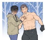  2boys :d areolae bara black_gloves black_pants blush brown_hair character_request chest_hair chris_redfield cigarette denim facial_hair gloves grabbing highres jeans kalamari looking_at_viewer male_focus mature_male meme multiple_boys muscular muscular_male pants pectoral_grab pectoral_grab_(meme) pectorals short_hair sideburns smile stubble tiktok topless_male yaoi 