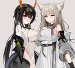  2girls :o absurdres animal_ears arknights arknights:_endfield bangs bare_shoulders belt belt_pouch black_hair blue_eyes blunt_bangs blush breasts cat_ears character_request chinese_commentary commentary_request covered_nipples cowboy_shot dragon_girl dragon_horns dragon_tail dress eyebrows_visible_through_hair grey_background grey_jacket hand_on_another&#039;s_chin highres horns impossible_clothes impossible_dress jacket large_breasts long_hair looking_at_viewer mikuning multiple_girls off_shoulder one_eye_closed open_clothes open_jacket perlica_(arknights) pouch purple_eyes silver_hair simple_background tail tail_through_clothes twintails very_long_hair white_dress 