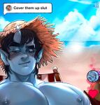  1boy bara beach blue_skin blush colored_skin cover_them_up_slut_(meme) highres horns large_pectorals looking_at_viewer male_focus meme muscular muscular_male nipples nude original pectoral_focus pectorals pointy_ears short_hair single_horn solo sunlight thick_eyebrows tiktok tiowinwin upper_body 