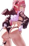  1girl adjusting_clothes arched_back ass bangs bat_wings black_nails black_panties blunt_bangs breasts commentary demon_girl demon_tail eyebrows_visible_through_hair eyelashes frilled_panties frills from_behind grin hand_on_hip highres leaning_forward long_hair long_sleeves nail_polish panties pink_hair pointy_ears puffy_sleeves rizu-kyun shiny shiny_hair simple_background smile solo sono_bisque_doll_wa_koi_wo_suru tail thighs uenoryoma underwear wings 