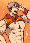  1boy abs absurdres bara brown_eyes facial_mark hand_on_own_face highres hood hood_down hoodie itadori_yuuji jujutsu_kaisen kuroshinki large_pectorals looking_at_viewer male_focus muscular muscular_male navel nipples open_mouth pectorals pink_hair short_hair sideburns sleeveless sleeveless_hoodie smile solo undercut upper_body wristband 