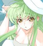  1girl bangs blush breasts c.c. cleavage code_geass creayus eyebrows_visible_through_hair green_hair hat long_hair looking_at_viewer solo upper_body white_headwear yellow_eyes 