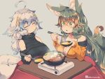  ^_^ animal_ears breasts chopsticks closed_eyes food green_eyes green_hair grey_background holding holding_chopsticks kotatsu kuromiya kuromiya_raika large_breasts long_hair original shiromiya_asuka simple_background steam table white_hair 