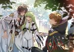  1girl 2boys arm_around_neck black_hair black_pants blurry blurry_foreground bodysuit breasts brown_eyes brown_hair c.c. closed_eyes code_geass creayus day gloves green_hair holding_hands kururugi_suzaku lelouch_lamperouge long_hair long_sleeves medium_breasts multiple_boys outdoors pants parted_lips purple_eyes short_hair straight_hair twitter_username very_long_hair white_bodysuit white_gloves wide_sleeves 