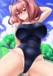  1girl arm_behind_head azur_lane blue_sky blush breasts bremerton_(azur_lane) collarbone covered_navel day grey_hair hair_ornament hairclip highres large_breasts looking_at_viewer multicolored_hair one-piece_swimsuit outdoors pink_eyes pink_hair school_swimsuit shibata_rai sidelocks sky smile solo swimsuit twintails two-tone_hair wet 