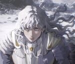  1boy absurdres androgynous armor bangs berserk chromatic_aberration closed_mouth commentary curly_hair day eyebrows_behind_hair eyelashes floating_hair grey_eyes griffith_(berserk) highres lips long_hair looking_at_viewer male_focus mixed-language_commentary nose serious sidelocks snow solo straight-on sunlight thisuserisalive tsurime upper_body white_hair 