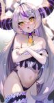  1girl absurdres ahoge bangs bare_shoulders blush braid breasts cadorunrun demon_girl demon_horns eyebrows_visible_through_hair fang hair_between_eyes head_tilt highres hololive horns la+_darknesss long_hair looking_at_viewer multicolored_hair navel open_mouth pointy_ears purple_hair silver_hair skin_fang slit_pupils small_breasts solo streaked_hair striped_horns tail thighhighs very_long_hair virtual_youtuber yellow_eyes 