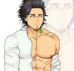  1boy bara bare_pectorals black_clover black_hair english_text facial_hair goatee highres i&#039;ll_suck_the_vaccine_out_of_his_tiddy_(meme) kir_(kir_keropi) large_pectorals long_sideburns male_focus mature_male meme muscular muscular_male nipples open_clothes open_shirt parody pectorals projected_inset short_hair sideburns solo sparkle spiked_hair unamused yami_sukehiro 