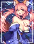  1girl :d absurdres animal_ears bangs bare_shoulders blue_bow blue_kimono blush bow breasts cleavage commentary cowboy_shot detached_collar detached_sleeves english_commentary eyebrows_visible_through_hair fang fate/extra fate/grand_order fate_(series) fox_ears fox_girl fox_tail hair_bow highres japanese_clothes kimono large_breasts long_hair long_sleeves looking_at_viewer obi open_mouth pink_hair sash sidelocks signature smile solo split_ponytail tail tamamo_(fate) tamamo_no_mae_(fate/extra) tenmuki tongue yellow_eyes 