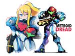  1girl absurdres arm_cannon blonde_hair blue_eyes headwear_removed helmet helmet_removed highres metroid metroid_dread one_eye_closed ponytail pose power_armor rariatto_(ganguri) samus_aran sidelocks smile weapon 