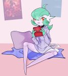  2019 ahoge bedding blanket choker clothing doom_(series) eye_through_hair female gaming gardevoir green_hair hair hi_res hoodie humanoid id_software jewelry lavenderaraliya lavy_(lavenderaraliya) legwear looking_at_viewer necklace nintendo nintendo_ds nintendo_ds_family not_furry open_mouth orange_eyes pillow pok&eacute;mon pok&eacute;mon_(species) poster simple_background solo thigh_highs topwear translucent translucent_hair video_games 