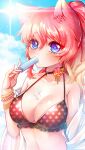  1girl animal_ears artist_name bikini blue_sky breasts cleavage day fingernails flower food gradient_hair large_breasts long_hair looking_at_viewer multicolored_hair orange_hair original pink_hair popsicle popsicle_in_mouth purple_eyes rewolf rose sky solo star_(symbol) star_print sunlight swimsuit wolf_ears wolf_girl 