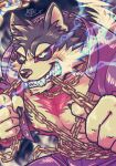  1boy animal_ears beige_fur black_background black_fur black_sclera chain colored_sclera commentary_request dog_boy dog_ears dog_tail energy fangs fangs_out furry furry_male gakuran garmr_(housamo) holding holding_chain jacket large_pectorals male_focus muscular muscular_male nipples pectorals purple_jacket red_eyeliner school_uniform signature solo tail teeth tokyo_afterschool_summoners two-tone_fur yellow_eyes zinpatink 