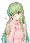  1girl bangs bare_shoulders c.c. choker code_geass creayus eyebrows_visible_through_hair green_hair hand_on_own_face hand_up head_tilt heart long_hair long_sleeves looking_at_viewer off-shoulder_sweater off_shoulder parted_lips pink_choker pink_sweater ribbon_choker sidelocks simple_background sleeves_past_wrists smile solo sweater upper_body very_long_hair white_background yellow_eyes 